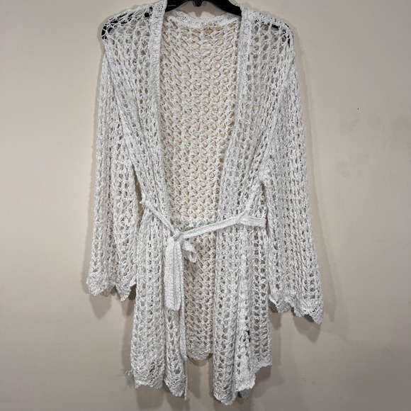POL Sweaters - Boho Crochet Cardigan Open Knit Duster Tie Waist Beach Cover Up White POL Size L